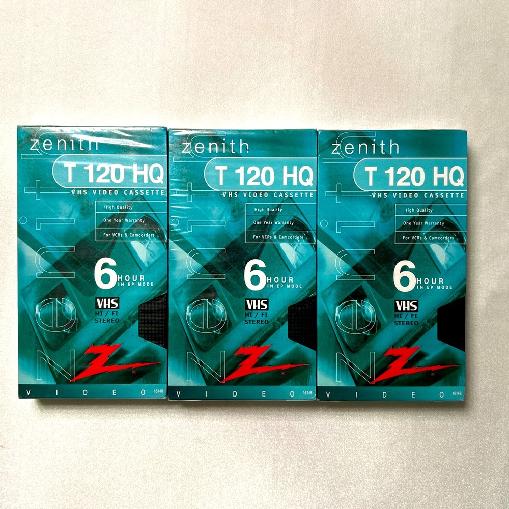 Vintage Zenith VHS Video Cassette T120 HQ 6 Hour 3 piece lot NOS Factory Sealed